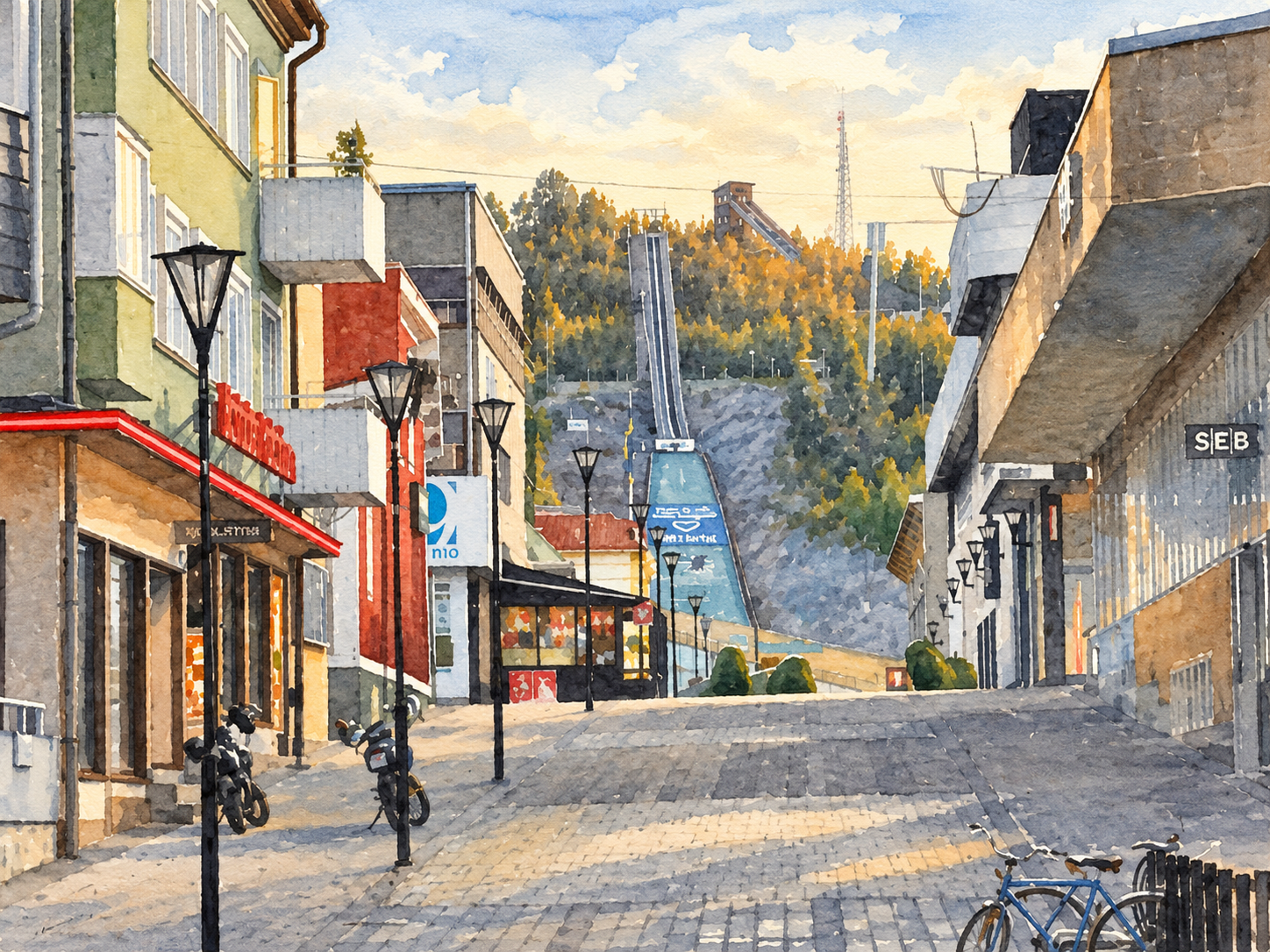 Utsikt genom Örnsköldsviks centrum mot backhoppningsbacken i fonden, med butiker, lyktstolpar och cyklar längs den kullerstensbelagda gatan